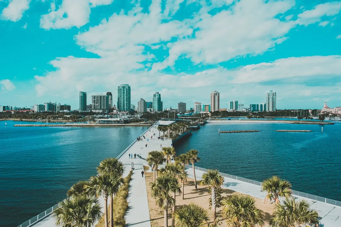 Waterfront pier and downtown buildings on the bay