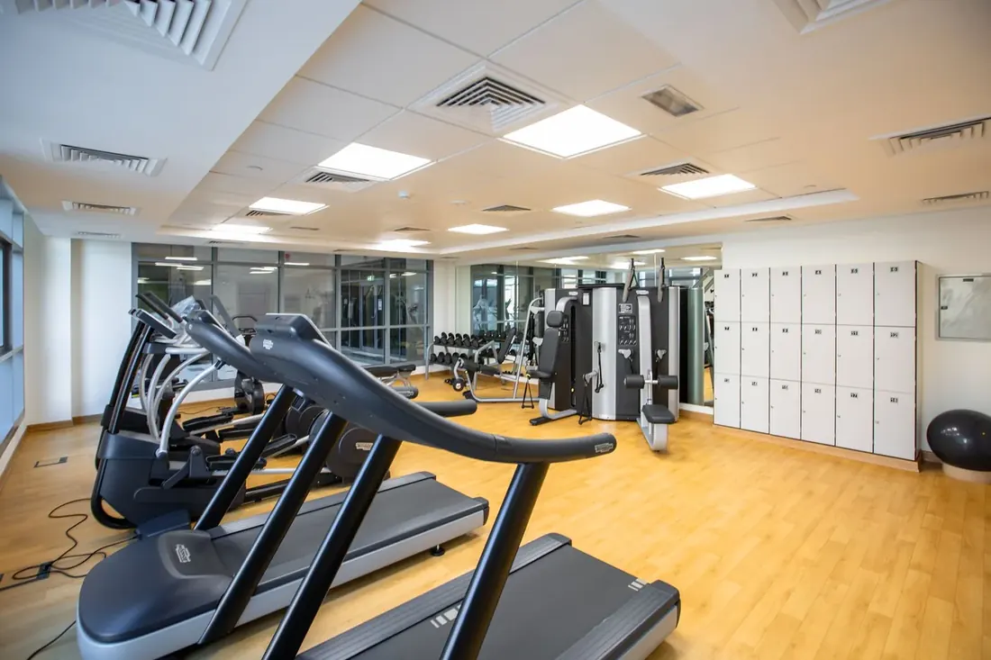 Row of treadmills lined up on a fitness studio floor