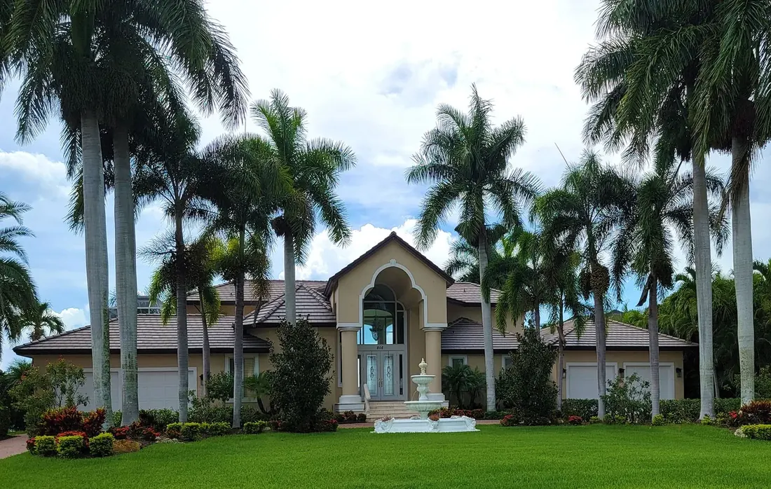 Large holiday home set behind a run of tall palms